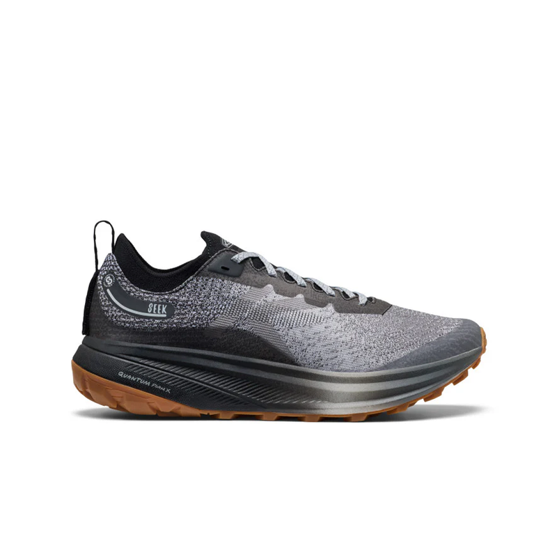 Load image into Gallery viewer, Gray and black running shoe with brown sole on a white background