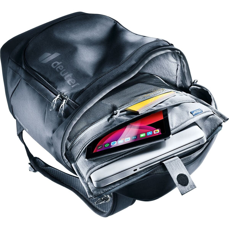 Load image into Gallery viewer, Gray backpack with a laptop and tablet inside, featuring the Deuter brand.