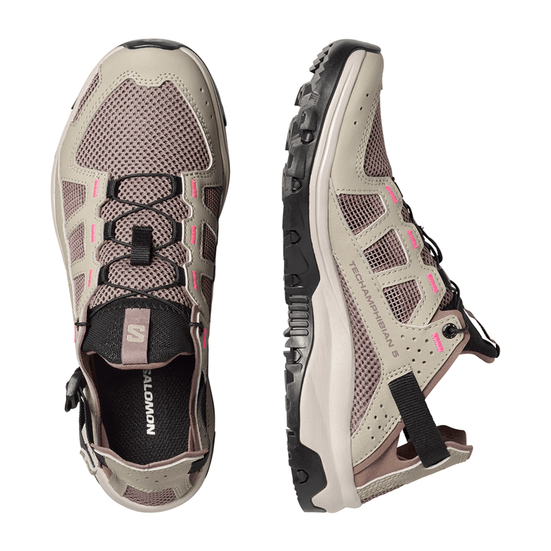 Load image into Gallery viewer, Pair of beige and black hiking shoes on a white background