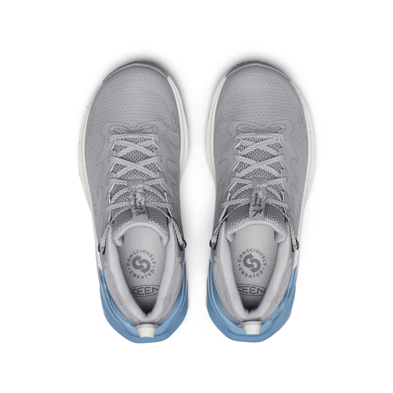 Load image into Gallery viewer, Gray athletic shoes with blue soles on a white background