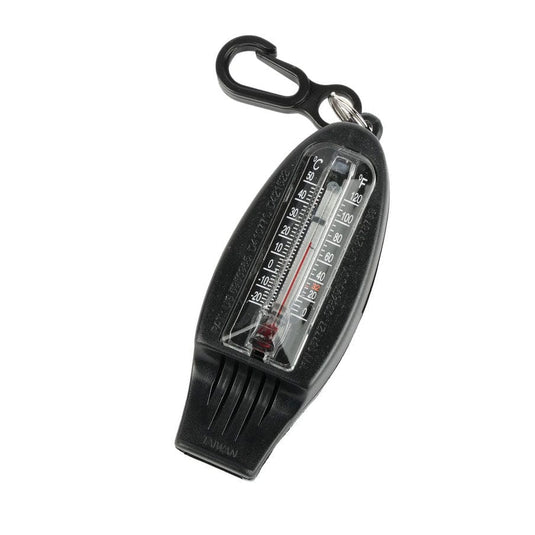 Black whistle with a thermometer on a white background