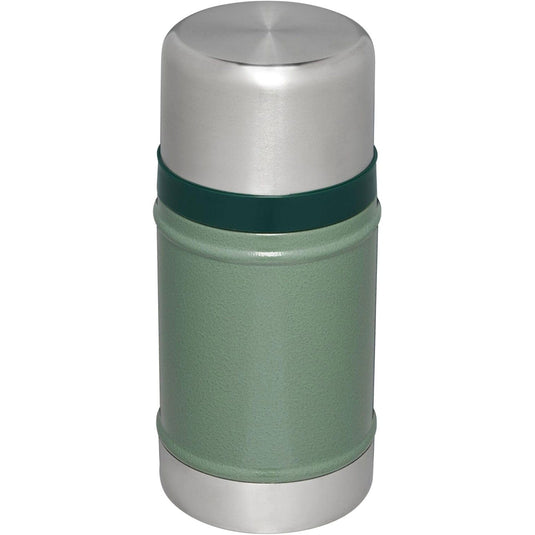 Green and silver cylindrical container on a white background
