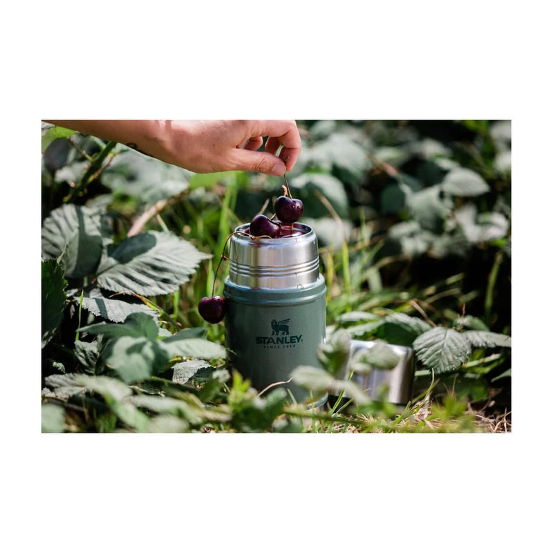 Load image into Gallery viewer, Hand placing cherries into a Stanley food jar in a natural setting
