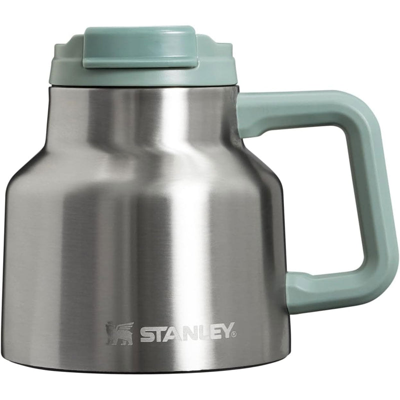 Load image into Gallery viewer, Stainless steel mug with a green handle and lid on a white background, featuring the Stanley logo.
