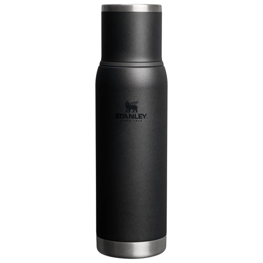 Black Stanley insulated bottle on a white background