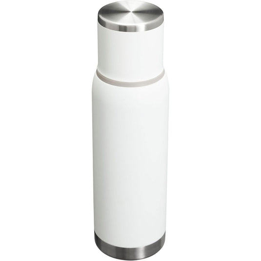 White insulated bottle with silver cap on a white background