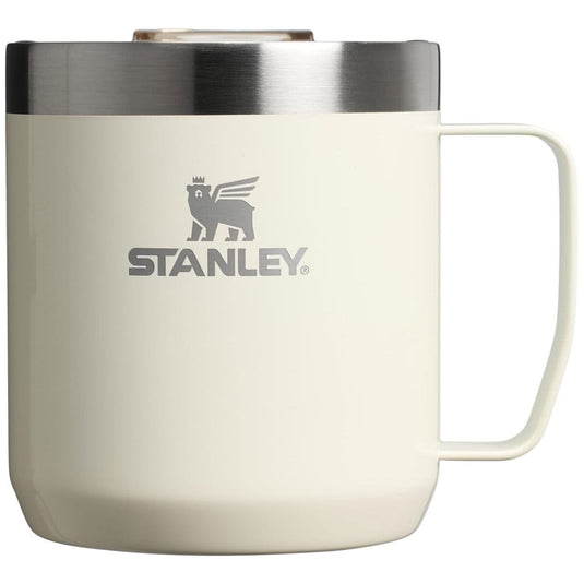 White Stanley mug with a silver lid on a white background