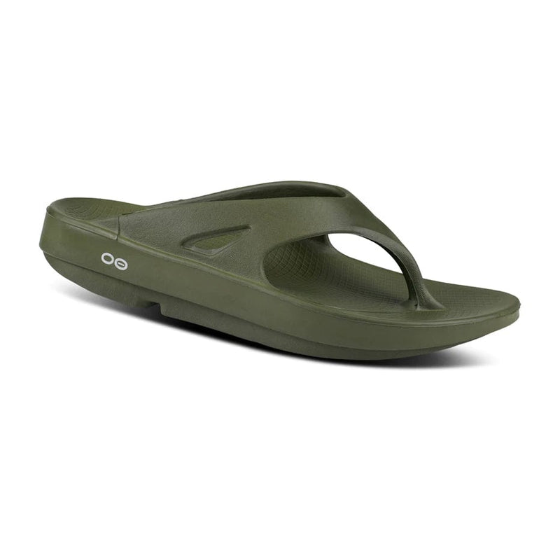 Load image into Gallery viewer, A green Oofos OOriginal Thong flip flop sandal with a unique design, showing the brand logo on the arch support.
