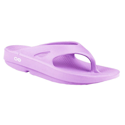 A purple Oofos OOriginal Thong flip flop sandal with a unique design, showing the brand logo on the arch support.