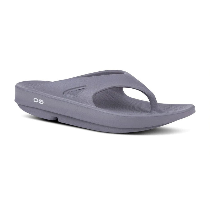 Load image into Gallery viewer, A slate Oofos OOriginal Thong flip flop sandal with a unique design, showing the brand logo on the arch support.
