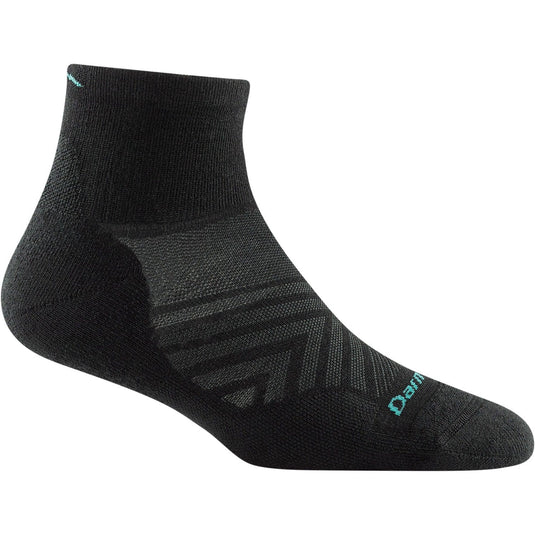 A black Darn Tough women's quarter running sock with cushion, featuring a fine gauge knitting texture and a small brand logo in teal color near the heel.
