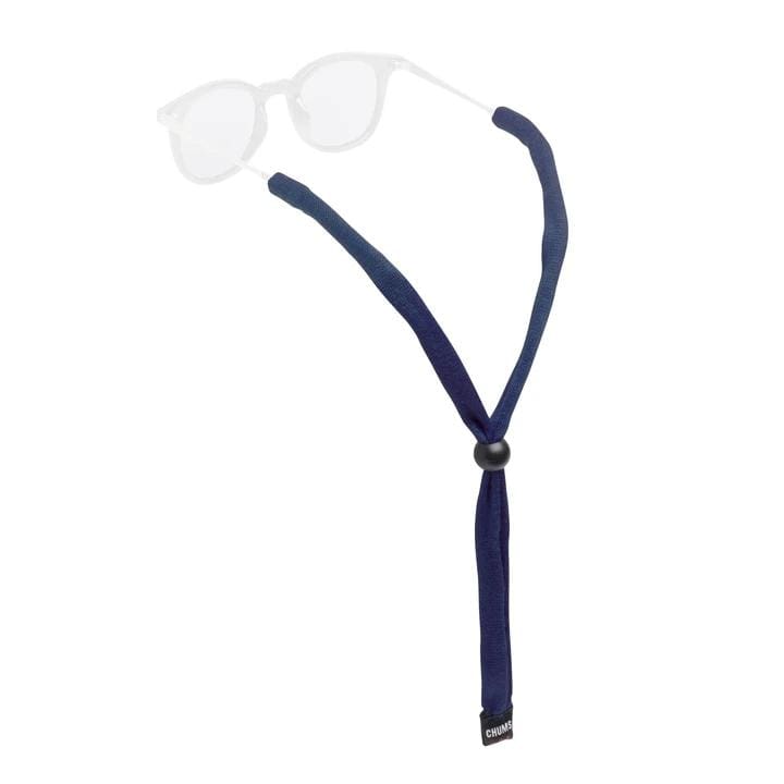 Load image into Gallery viewer, A black kids-sized cotton eyewear retainer with an adjustable bead, displayed with a pair of glasses.
