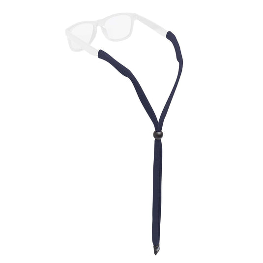 Navy blue eyeglass strap with a white pair of glasses on a white background