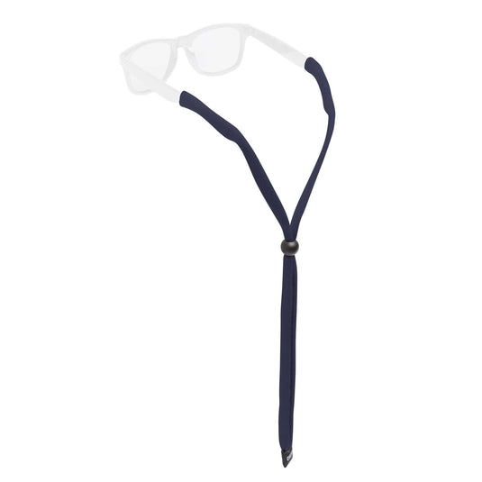 Navy blue eyeglass strap with a white pair of glasses on a white background