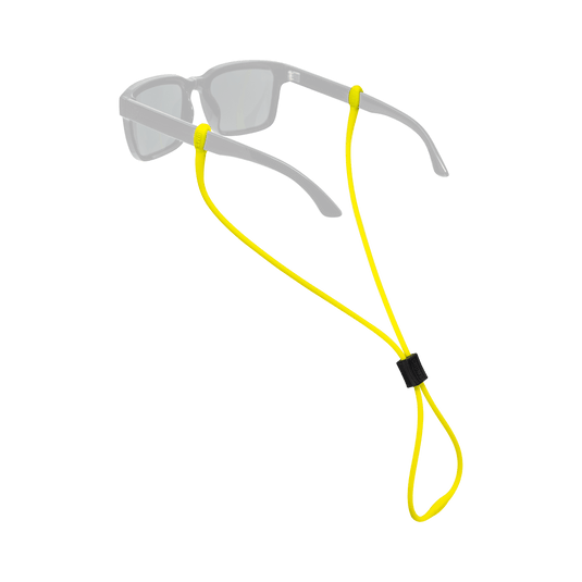 A pair of translucent gray sunglasses with a bright yellow elastic strap and a small black buckle, shown on a plain white background.