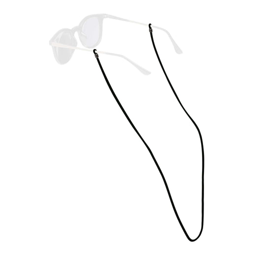 White sunglasses with a black cord on a white background