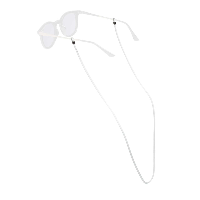 Load image into Gallery viewer, White sunglasses with a matching thin neck strap, shown from a side angle on a solid white background.
