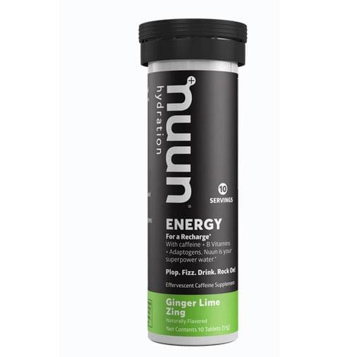A tube of Nuun Energy drinks with Watermelon Burst flavor, indicating 10 servings with each tablet providing a boost of energy.