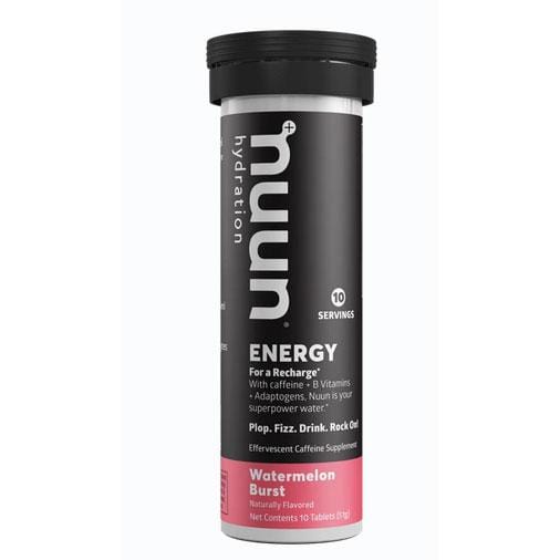 A tube of Nuun Energy drinks with Watermelon Burst flavor, indicating 10 servings with each tablet providing a boost of energy.