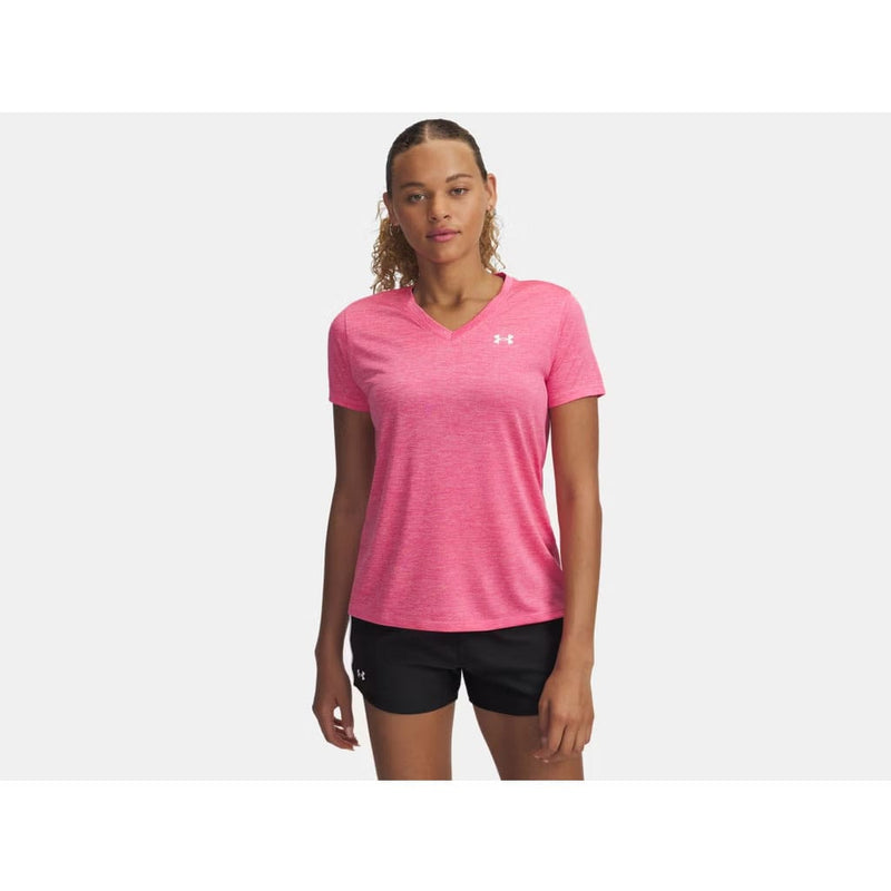 Load image into Gallery viewer, Woman wearing a pink Under Armour shirt and black shorts on a white background
