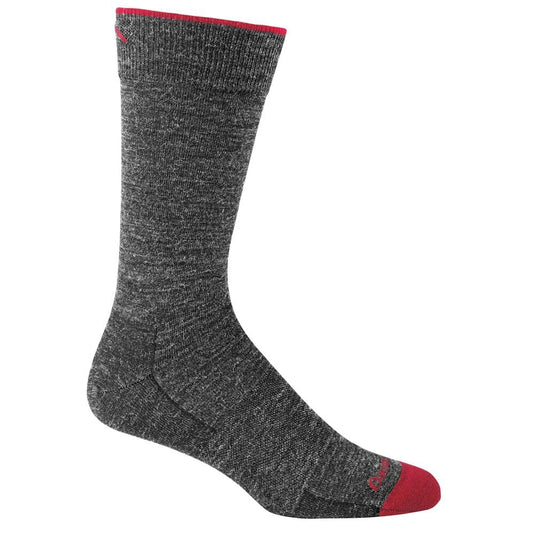 A pair of black Darn Tough crew socks designed for men, showing the side profile of the socks with the brand logo visible.