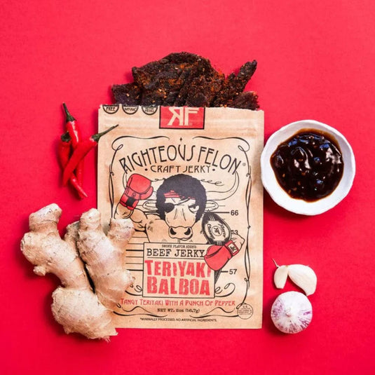 Righteous felon craft jerky package with teriyaki balboa flavor on a red background