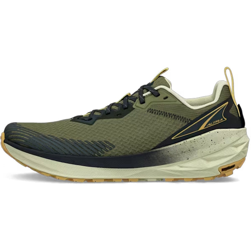 Load image into Gallery viewer, Green running shoe with black and beige accents on a white background
