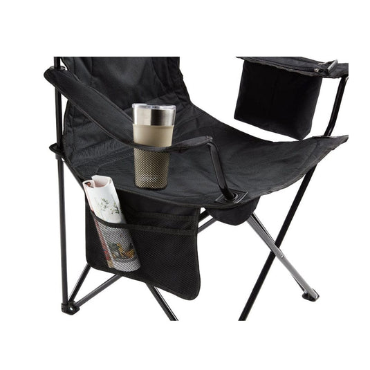 Black camping chair with cup holder, tray, and magazine rack on a white background