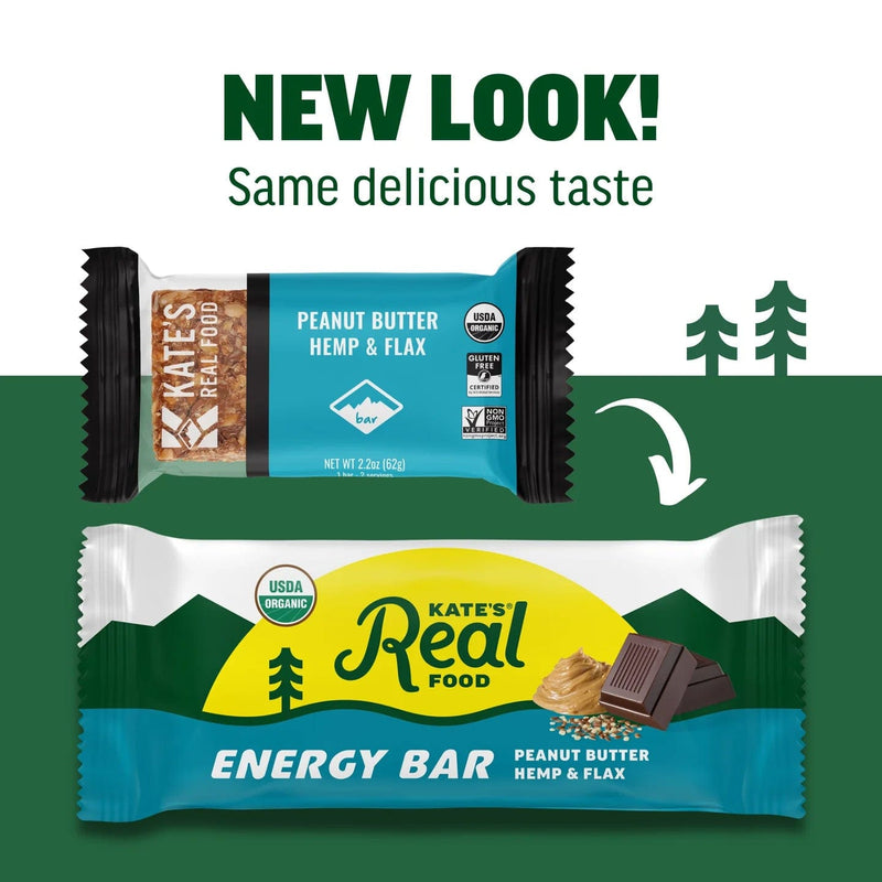 Load image into Gallery viewer, Two packaging designs of Kate's Real Food energy bars with a green background and trees.
