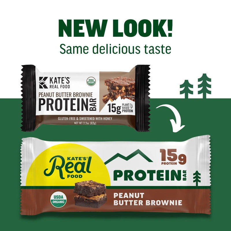 Load image into Gallery viewer, Two versions of Kate's Real Food Peanut Butter Brownie Protein Bar with a green background and text indicating 'New Look! Same delicious taste'.
