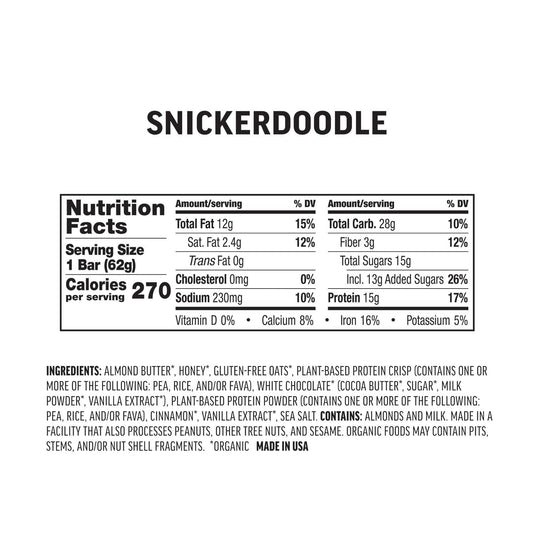 Nutrition facts label for a Snickerdoodle product on a white background