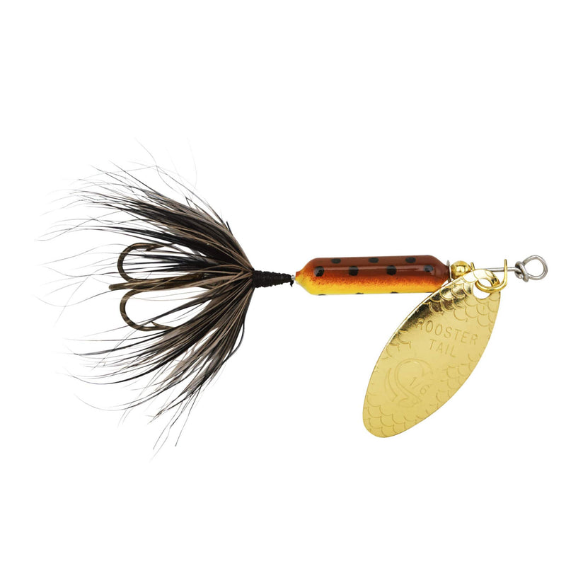 Load image into Gallery viewer, Fishing lure with gold blade, black and orange body on a white background
