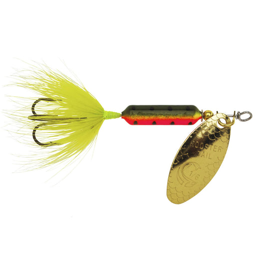 Fishing lure with a gold blade, red and black body, and yellow tail on a white background