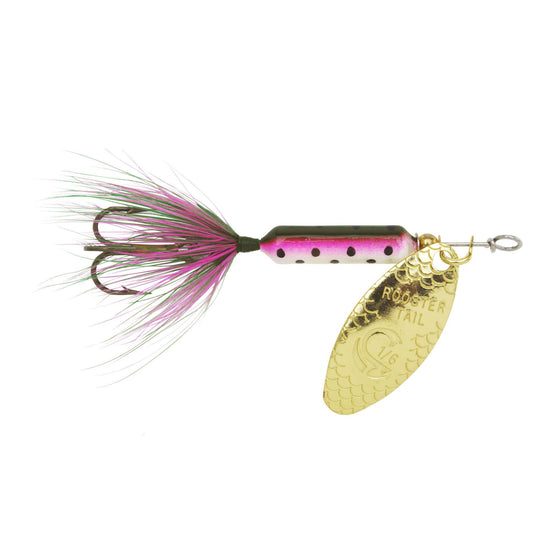Fishing lure with pink and green tail and gold blade on a white background