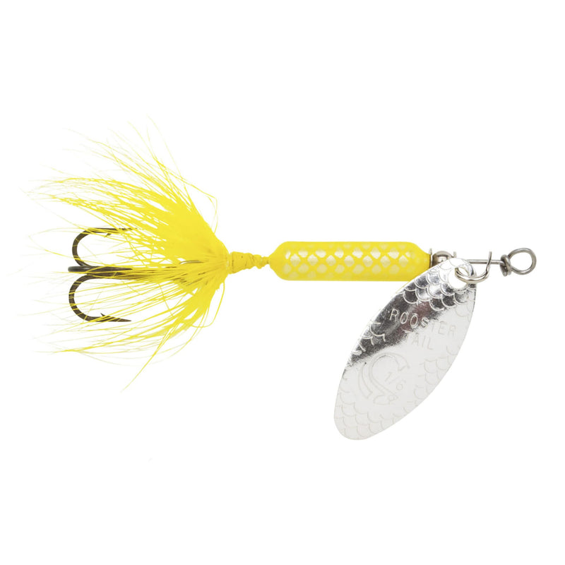 Load image into Gallery viewer, Yellow and silver fishing lure on a white background
