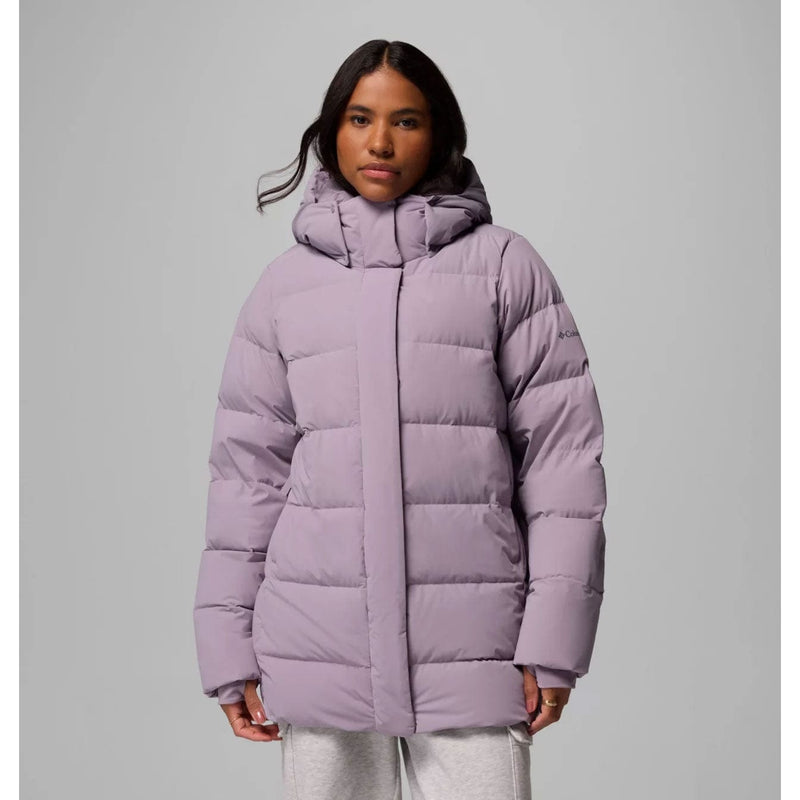 Load image into Gallery viewer, Person wearing a light purple puffer jacket on a gray background
