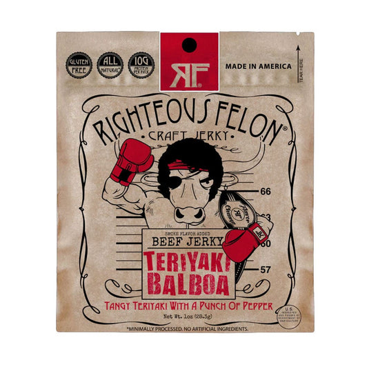Righteous Felon beef jerky package with a stylized illustration of a boxer on a brown background.