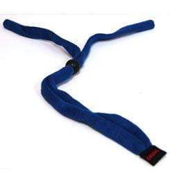 Load image into Gallery viewer, Blue chums eye glass retainer with a black strap on a white background
