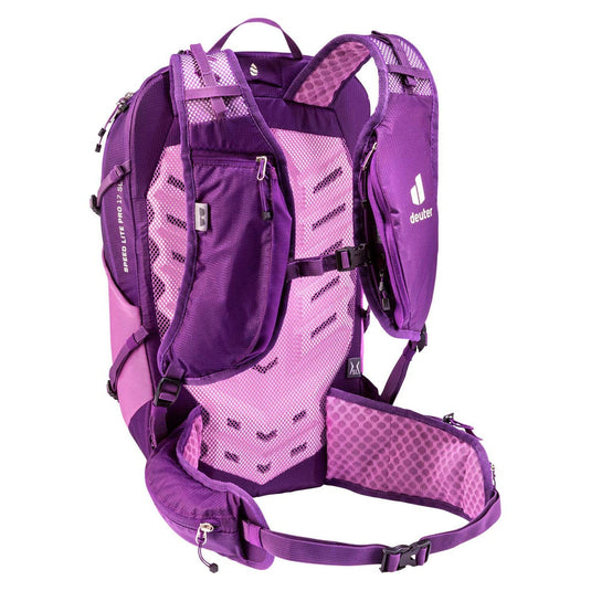 Purple and pink hydration backpack on a white background