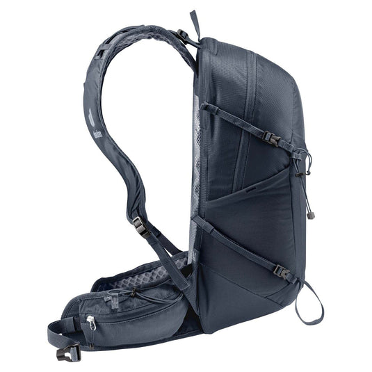 Black backpack with multiple compartments and straps on a white background