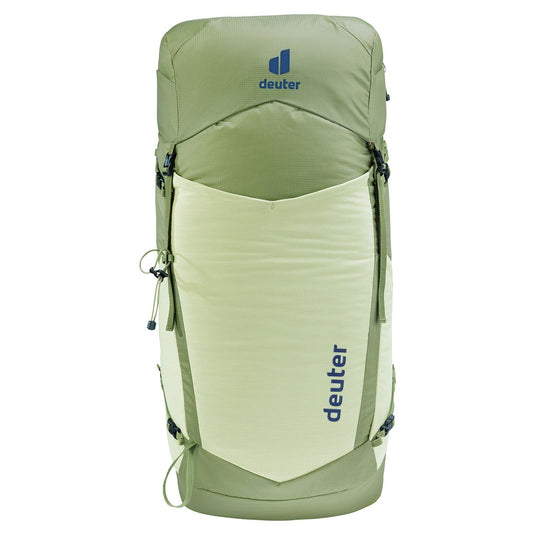 Green hiking backpack with Deuter logo on a white background