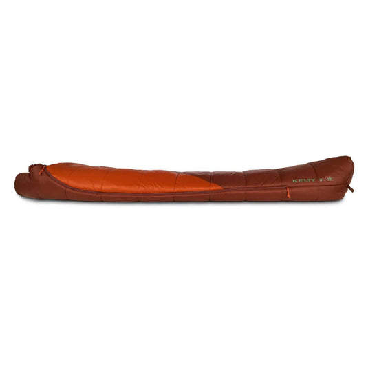 Orange and brown sleeping bag on a white background