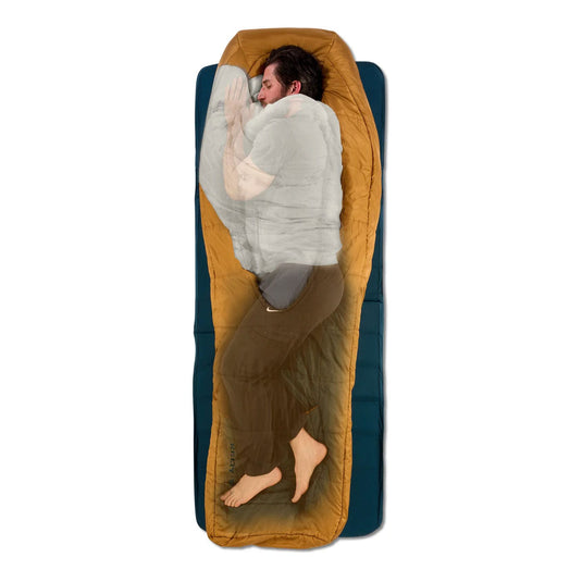 Person lying in a mustard yellow sleeping bag on a blue sleeping pad against a white background
