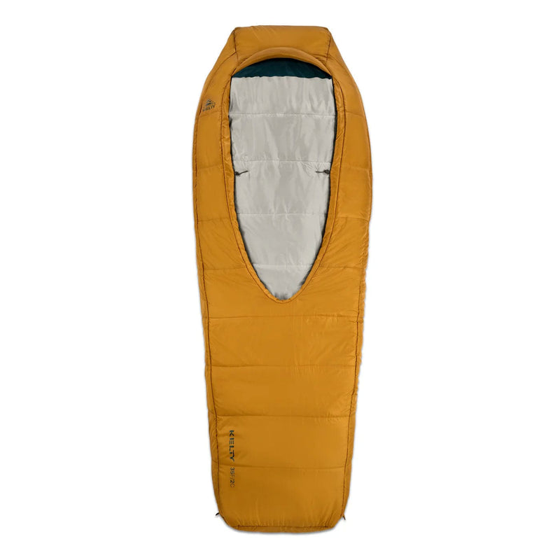 Load image into Gallery viewer, Yellow sleeping bag with gray interior on a white background
