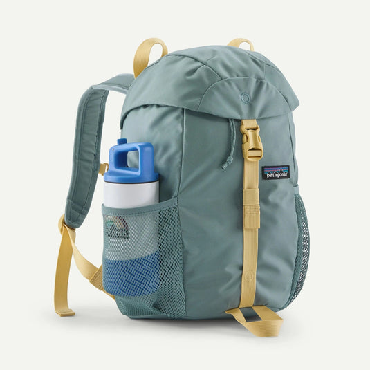 Green backpack with a water bottle in a pocket on a white background
