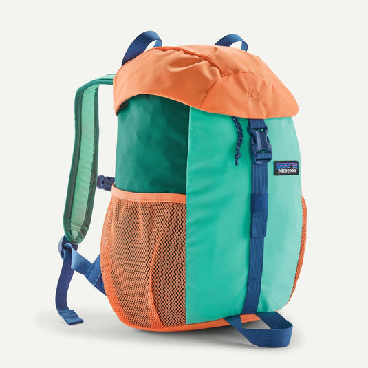 Colorful backpack with orange green and teal sections on a white background