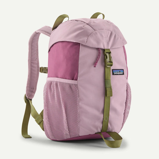 Pink backpack with green straps on a white background