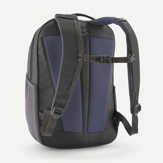 Dark grey and blue backpack on a white background