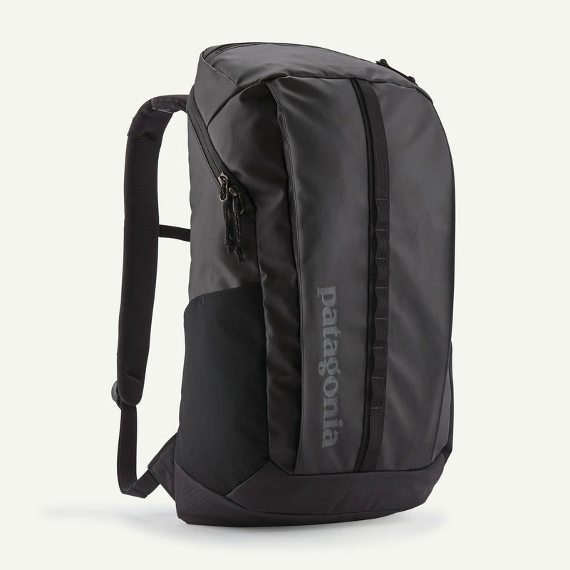 Load image into Gallery viewer, Black backpack with Patagonia branding on a white background
