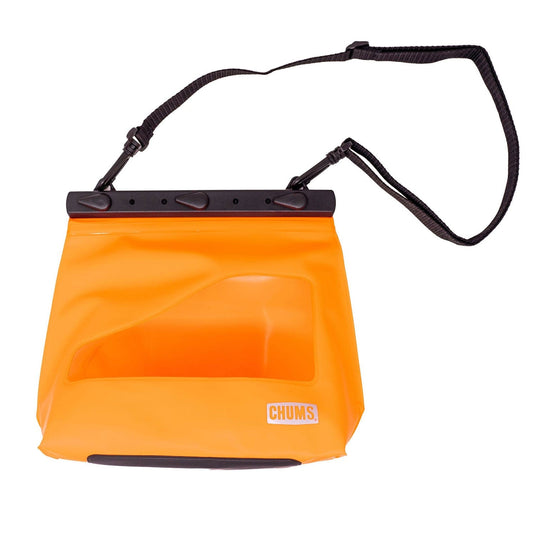 Orange waterproof bag with a black strap on a white background